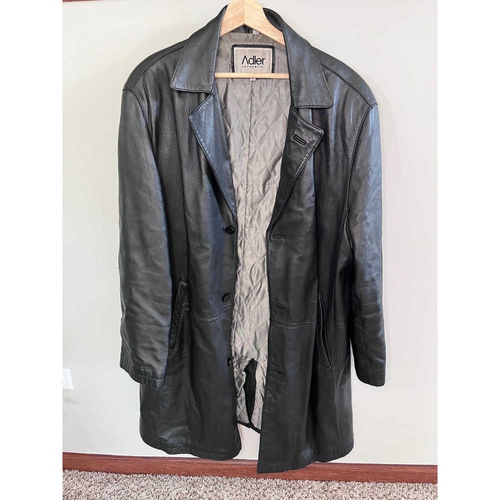 Adler Authentic Mens Black NZ Lambskin Leather Car Coat Jacket XL Quilted Lining